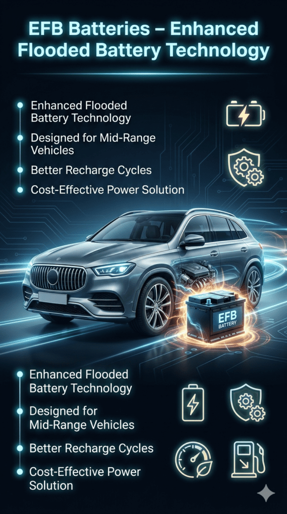 EFB battery technology infographic showing a mid-range car with enhanced flooded battery, highlighting better recharge cycles and cost-effective performance.