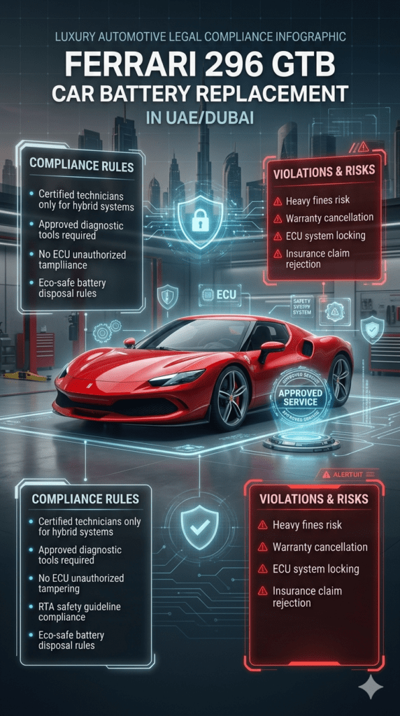 Ferrari 296 GTB legal compliance guide in UAE Dubai showing certified technician rules, ECU safety regulations, battery disposal laws, RTA guidelines, and penalties for violations in luxury supercar battery replacement services.