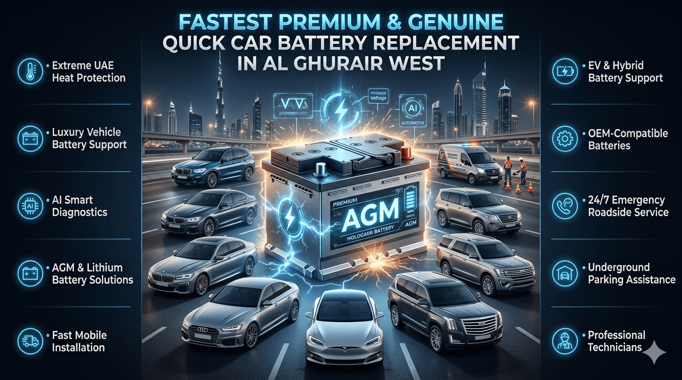 Premium Dubai roadside car battery replacement infographic featuring AGM battery installation, luxury vehicles, AI diagnostics, EV battery support, and emergency roadside assistance in Al Ghurair West.