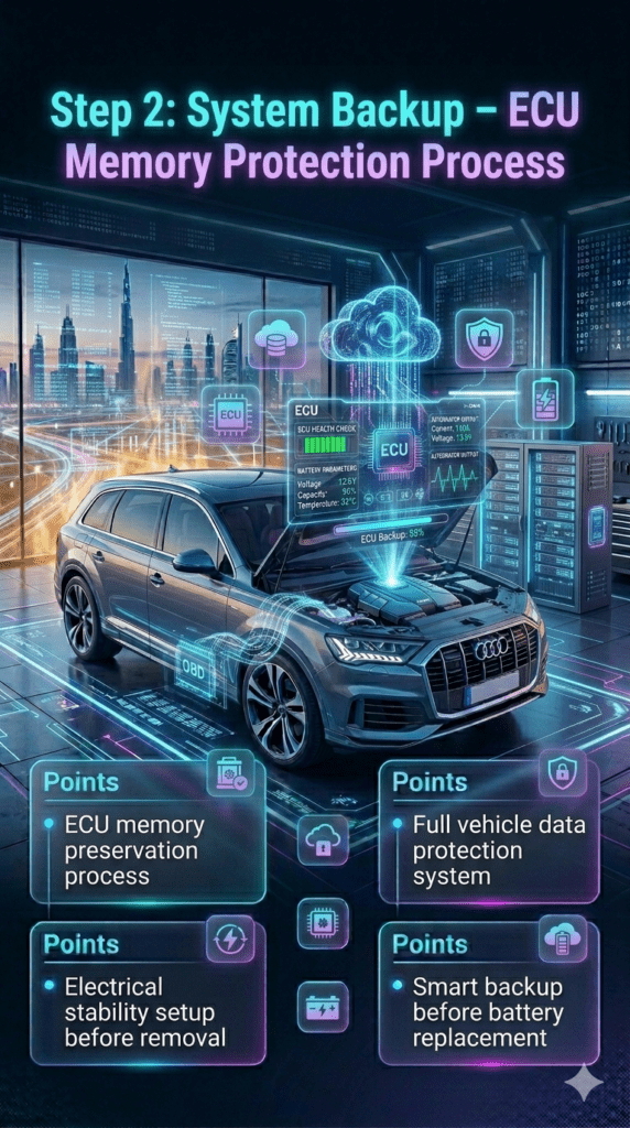Premium infographic showing Step 2 System Backup for Audi Q7 battery replacement in UAE, including ECU memory preservation, electrical stability setup, and data protection process in a futuristic workshop.