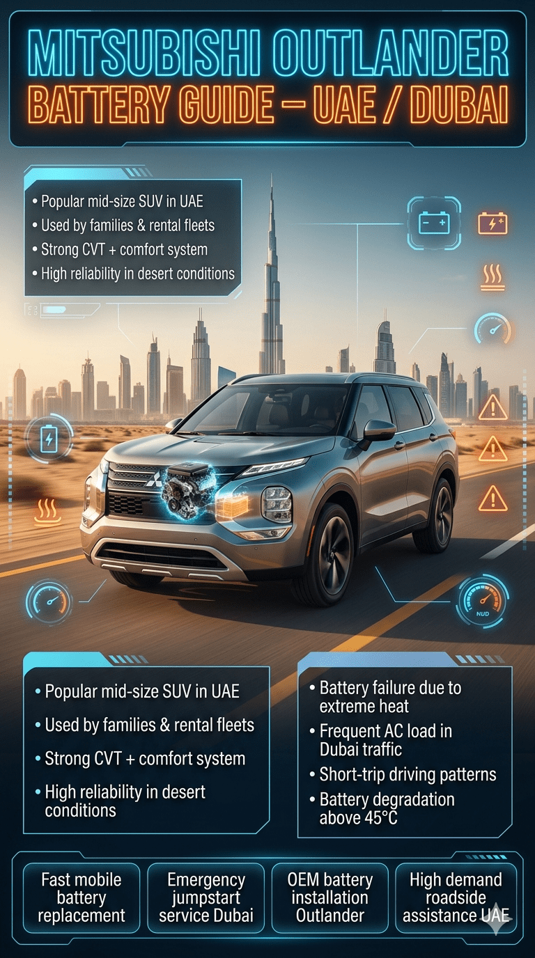 Mitsubishi Outlander SUV user guide infographic showing battery replacement issues in UAE Dubai, with heat-related failure points, mobile service solutions, and central vehicle illustration in a futuristic automotive design layout.