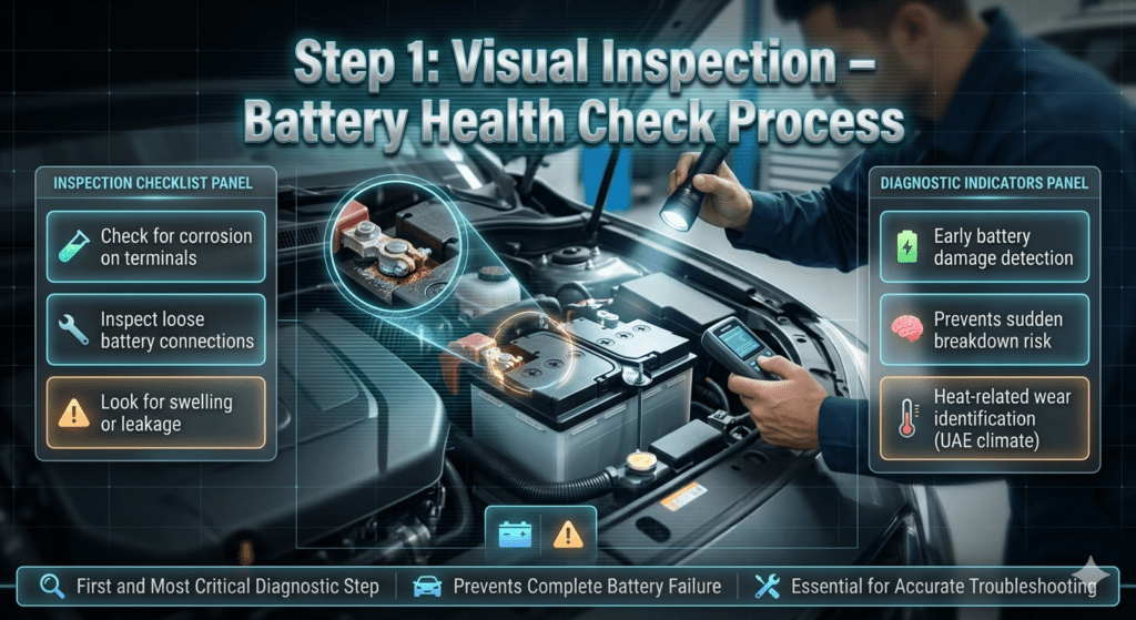 Futuristic automotive infographic showing step 1 visual inspection of car battery including corrosion check, loose connections, and swelling or leakage detection in Dubai troubleshooting guide.