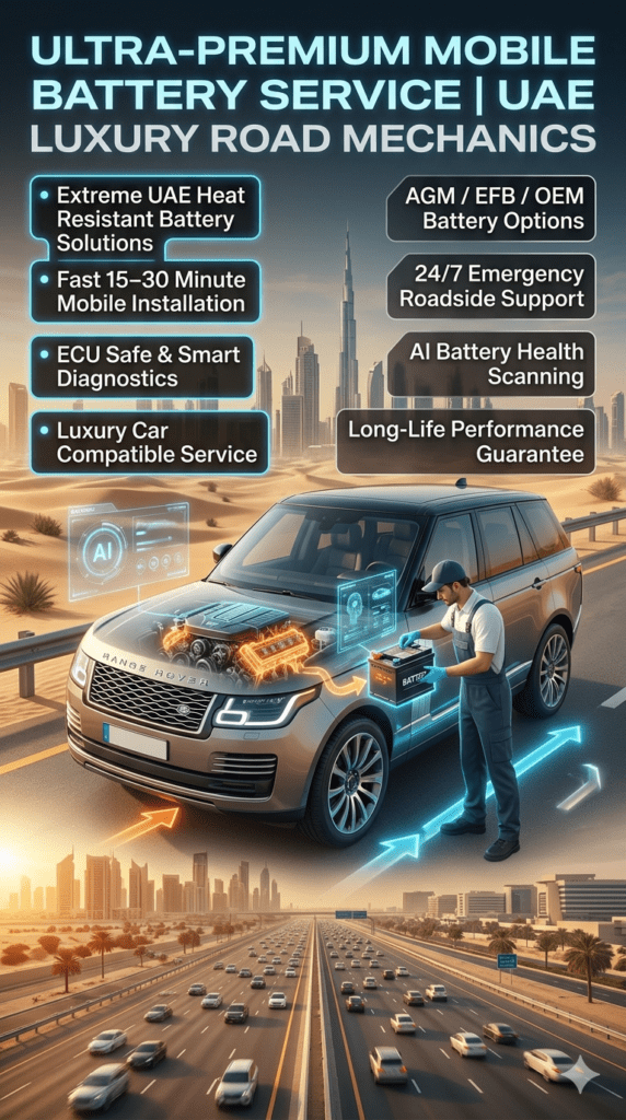 Luxury infographic showing Fastest Premium & Genuine Long-Life Battery Replacement in Al Majaz 2 with a central premium car battery service, mechanic installation, AI diagnostics, and UAE roadside service environment.