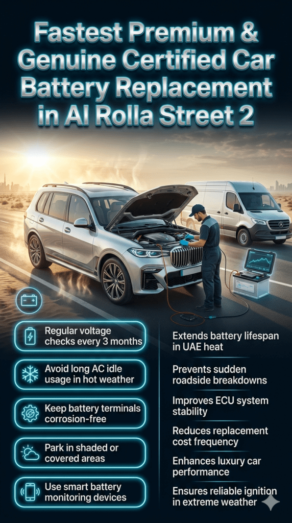Luxury automotive maintenance infographic showing car battery longevity tips in Al Rolla Street 2 with a premium SUV, technician inspection, and digital diagnostic tools highlighting voltage checks, corrosion prevention, and smart monitoring system.