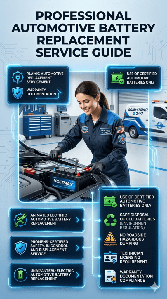 Professional automotive battery replacement guide poster showing technician installing car battery with safety compliance rules displayed on both sides in infographic style with central service image.