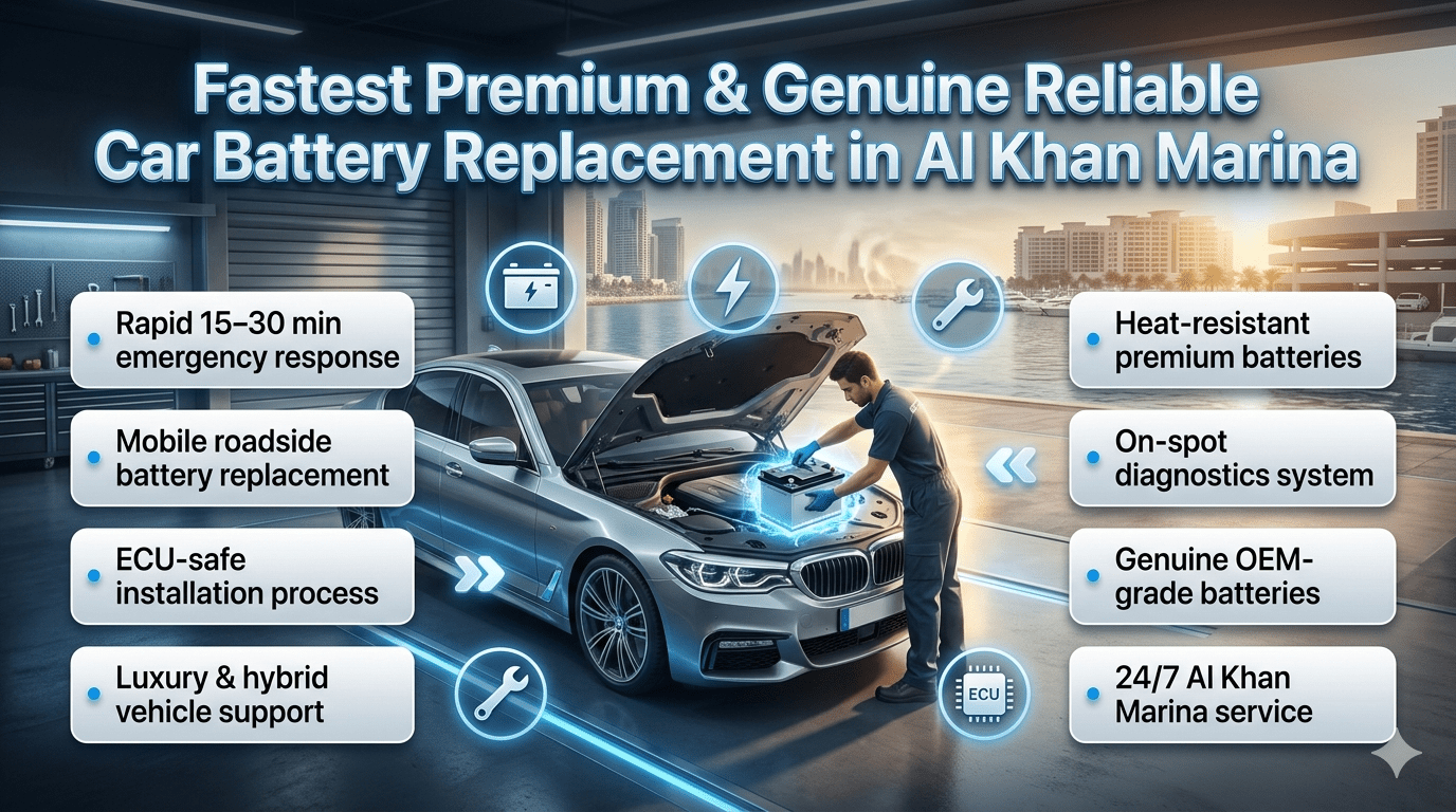 Fast premium car battery replacement service in Al Khan Marina showing luxury car with technician installing battery, surrounded by diagnostic tools, emergency roadside service elements, and UAE coastal marina background.