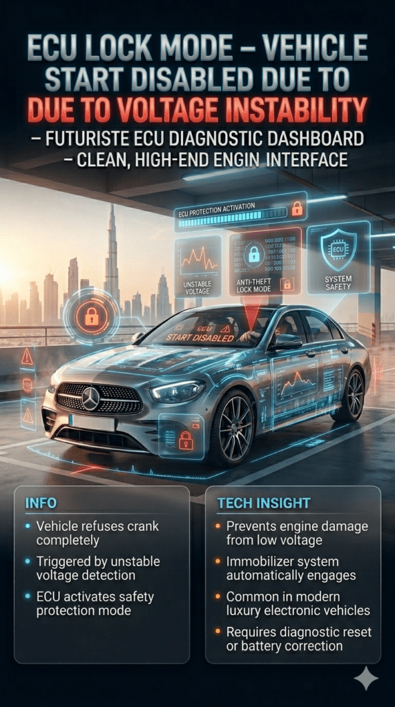 Luxury car ECU lock mode preventing engine start due to unstable voltage detection in Dubai morning parking environment.