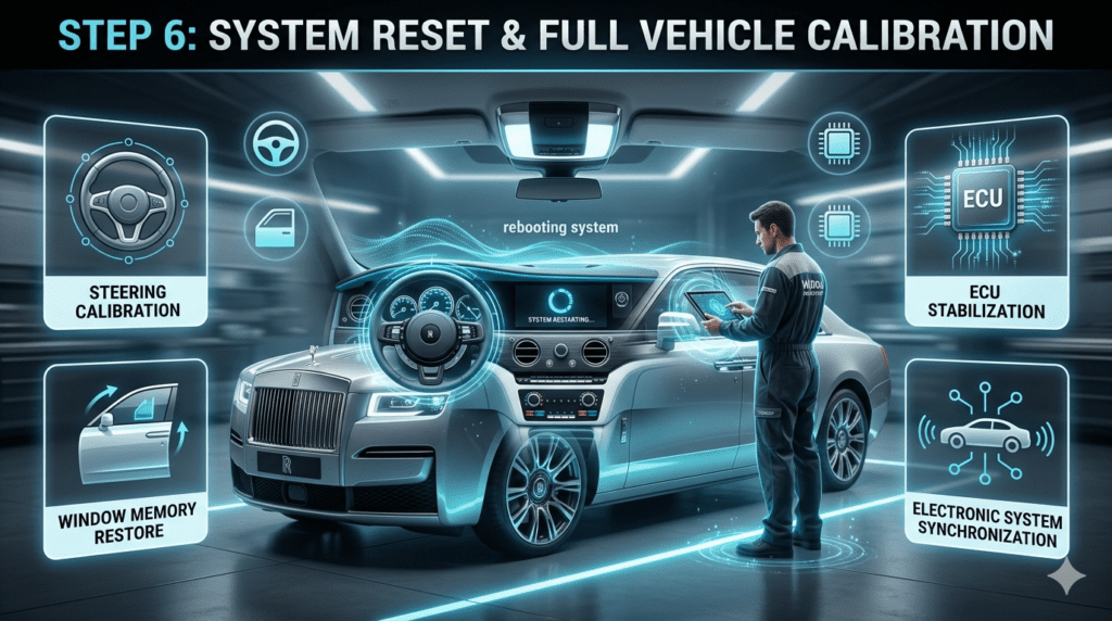 System Reset After Battery Replacement – Step 6: Full Vehicle Recalibration & ECU Stabilization Luxury car system reset infographic showing steering calibration, window memory restoration, and ECU stabilization after battery replacement in a high-tech automotive workshop.