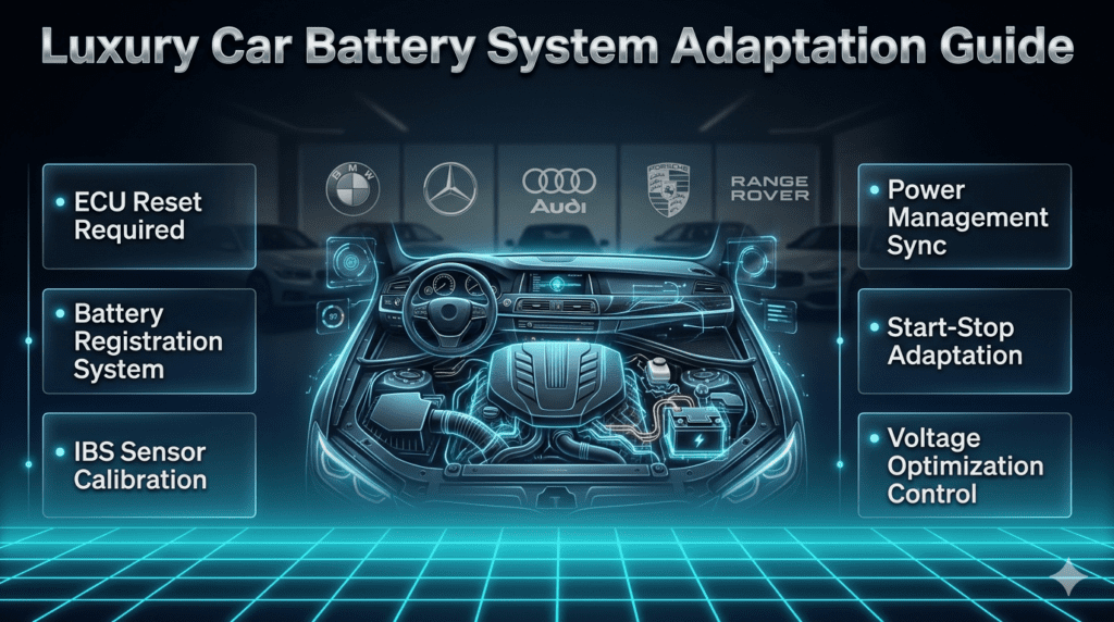Luxury Car Battery System Adaptation Guide (Premium Vehicles) Luxury car battery system adaptation infographic showing ECU reset, battery registration, IBS sensor calibration, and power management synchronization for BMW, Mercedes-Benz, Audi, Porsche, and Range Rover vehicles.