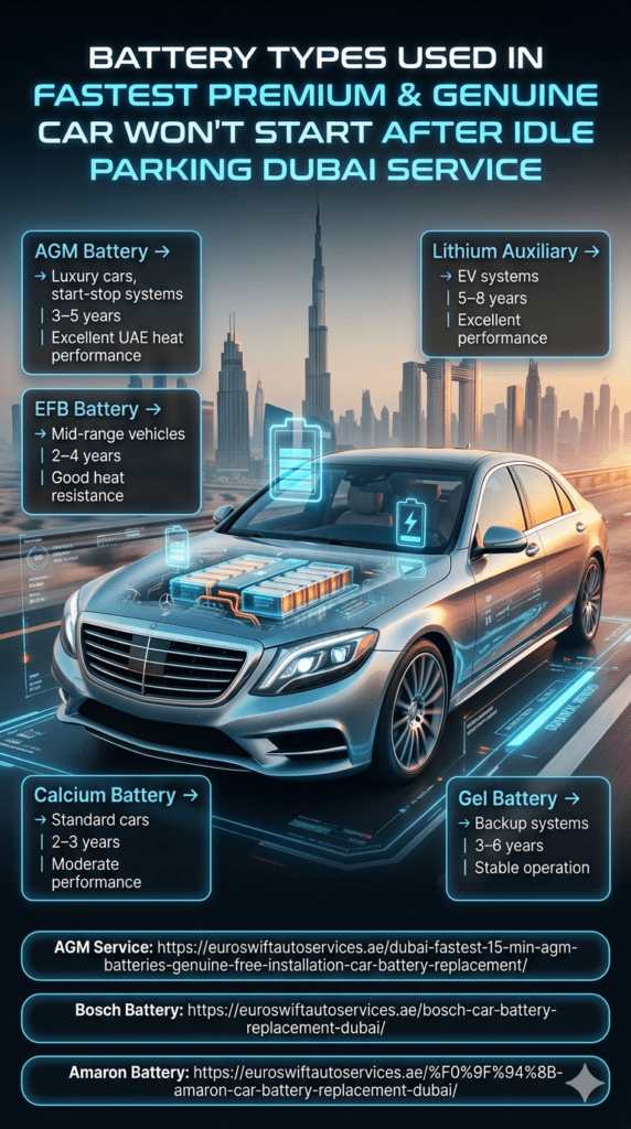 Futuristic infographic showing different car battery types used in Dubai roadside service including AGM, EFB, lithium, and gel batteries with luxury car and Dubai skyline background.