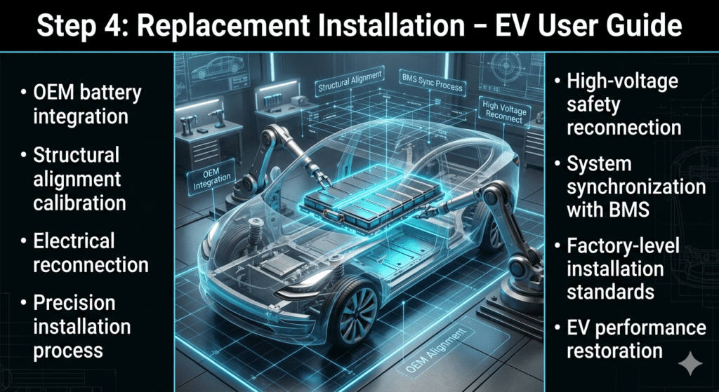 Futuristic EV infographic showing battery replacement installation process with OEM integration, structural alignment calibration, and electrical reconnection in a high-tech workshop.