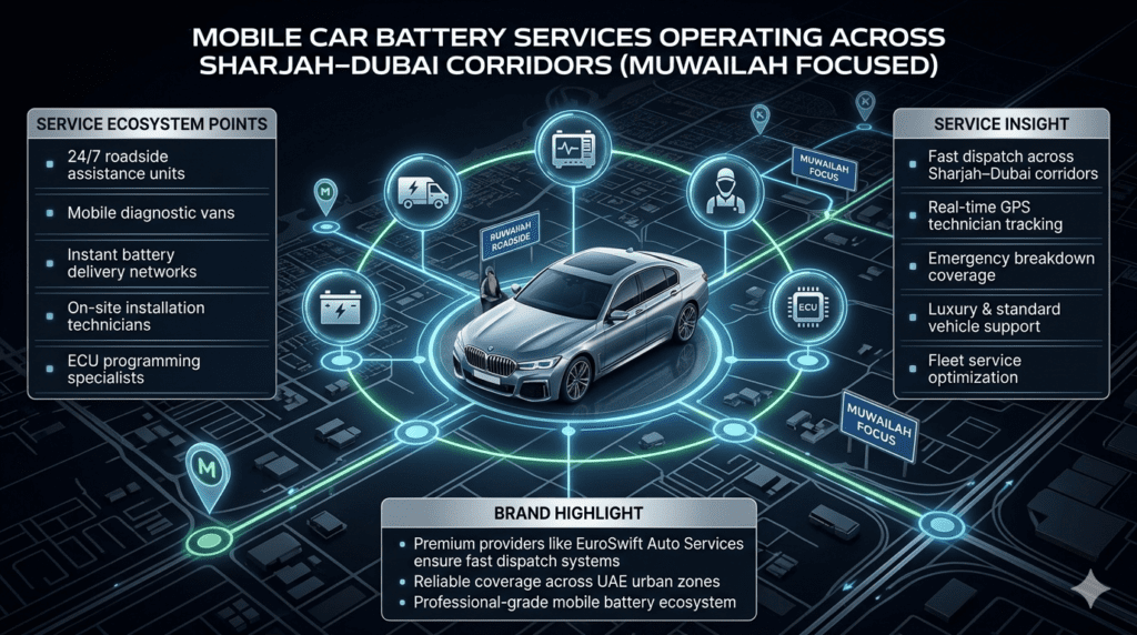 Infographic showing mobile car battery service ecosystem in UAE with roadside assistance units, mobile diagnostic vans, delivery networks, technicians, and ECU programming specialists connected through a fast dispatch system across Sharjah–Dubai corridors.