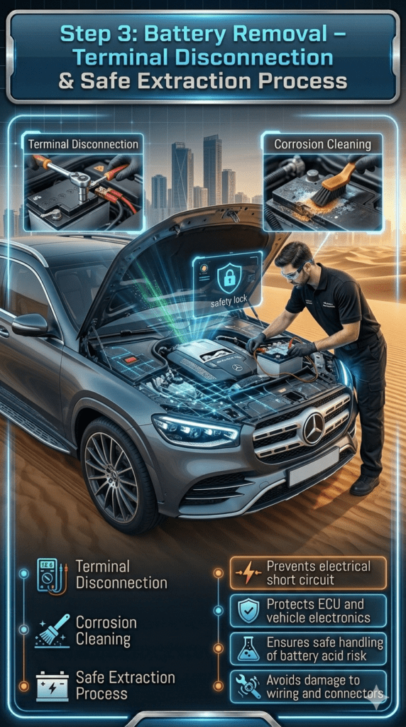 Technician safely removing car battery with terminal disconnection and corrosion cleaning in a luxury vehicle engine bay during mobile service.