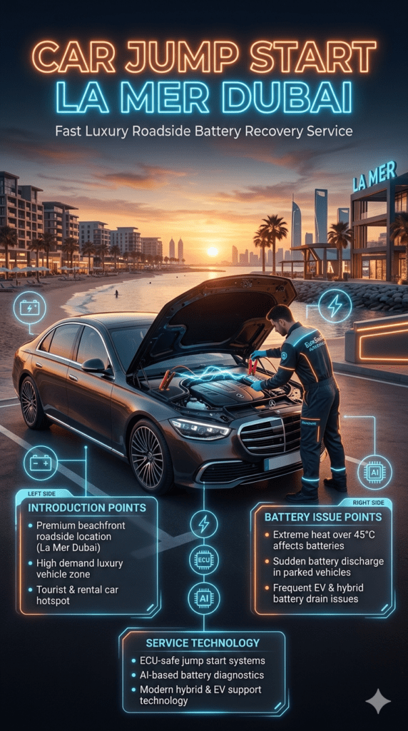 Luxury roadside assistance scene at La Mer Dubai showing a technician performing a car jump start on a premium vehicle with glowing electric cables, futuristic UI panels on both sides explaining battery issues and solutions in a high-tech automotive style.