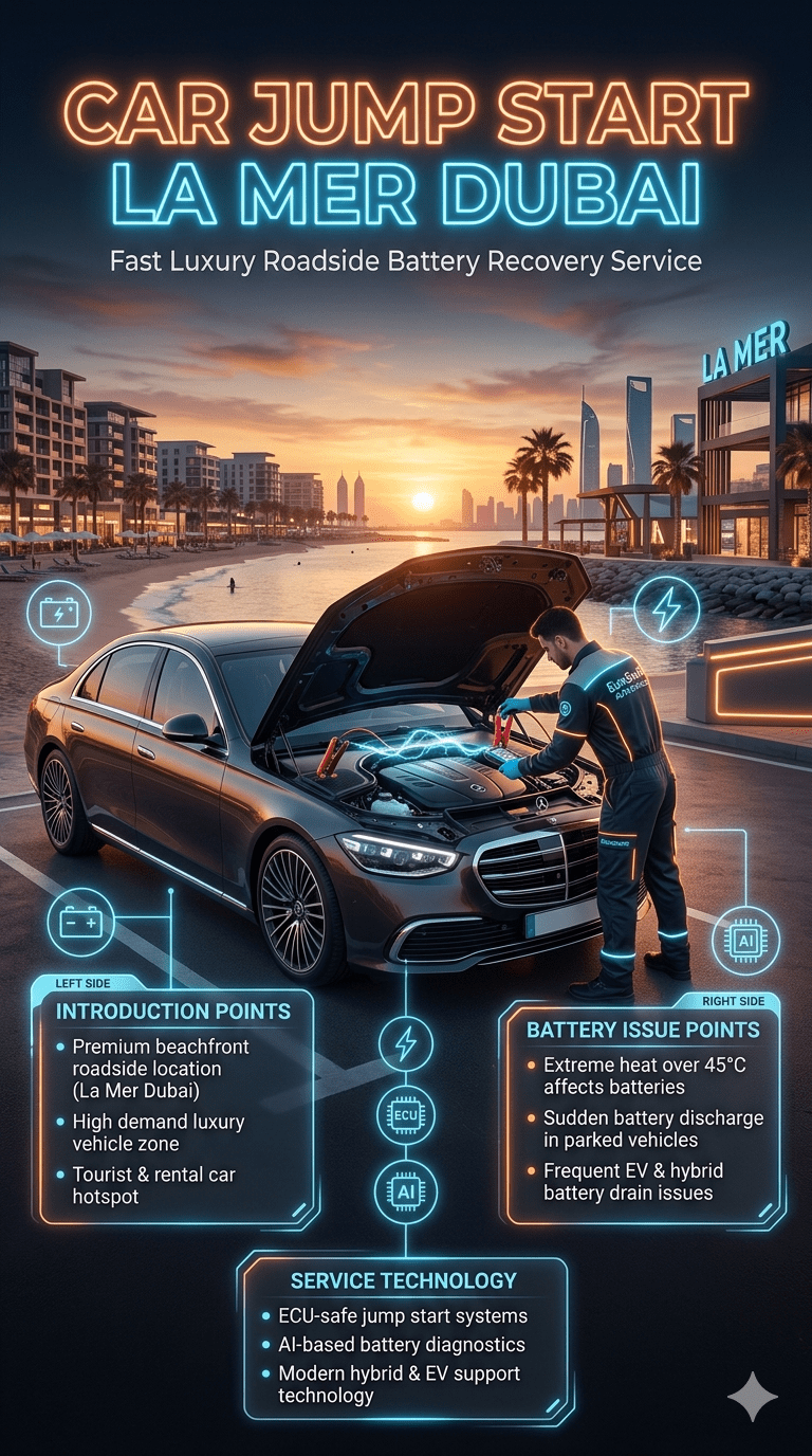 Luxury roadside assistance scene at La Mer Dubai showing a technician performing a car jump start on a premium vehicle with glowing electric cables, futuristic UI panels on both sides explaining battery issues and solutions in a high-tech automotive style.