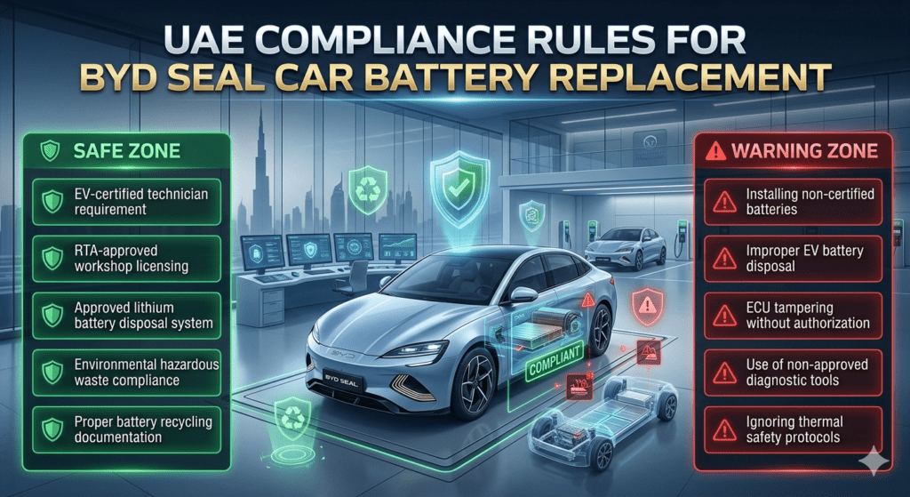 UAE Legal Requirements for BYD Seal Car Battery Replacement in Dubai BYD Seal electric car battery replacement compliance infographic showing UAE legal requirements and violations, with green approved checklist and red warning list inside a futuristic Dubai EV workshop environment.