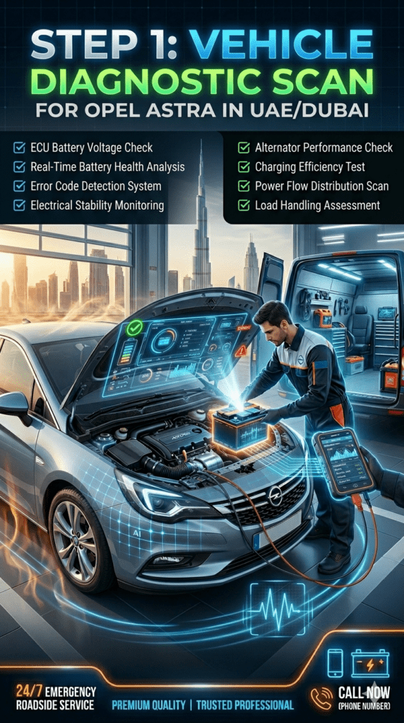 Opel Astra vehicle diagnostic scan showing ECU voltage check alternator performance and electrical system testing in Dubai automotive workshop