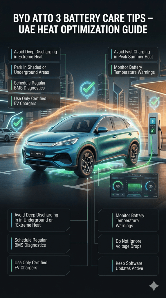 BYD Atto 3 Battery Care Tips β UAE Heat & EV Performance Optimization Guide Futuristic EV infographic showing BYD Atto 3 battery care tips with central glowing electric SUV and side panels listing maintenance tips such as avoiding deep discharge, shaded parking, BMS diagnostics, charging habits, and temperature monitoring.