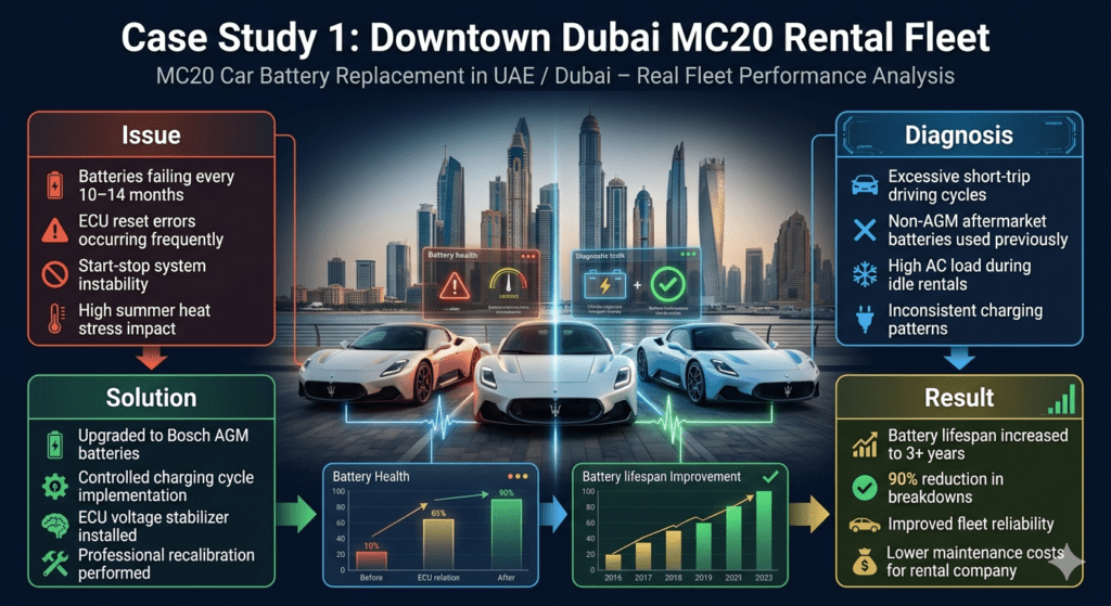 Case study infographic showing MC20 rental fleet battery failures in Downtown Dubai with issue diagnosis solution and result showing improved battery performance after Bosch AGM upgrade