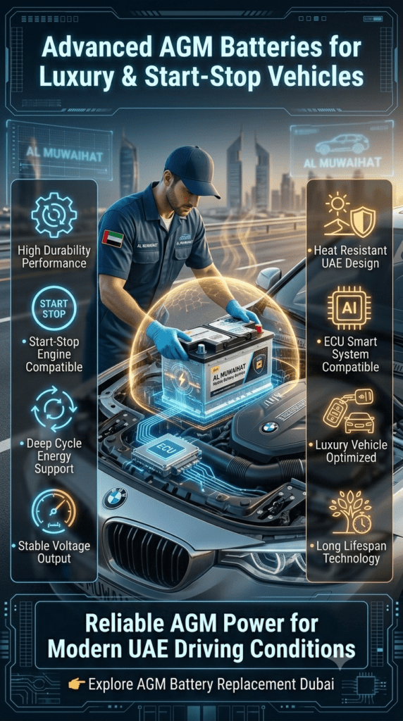Luxury vehicle engine bay showing AGM battery installation with ECU smart integration, highlighting heat resistance, deep cycle support, and start-stop system compatibility in UAE driving conditions.