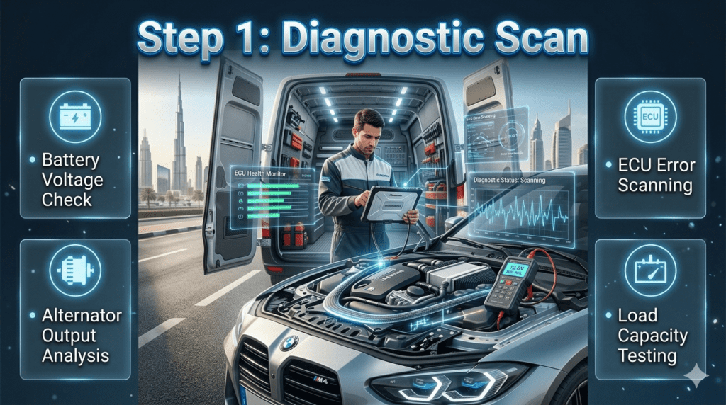 Automotive diagnostic scan infographic showing technician checking battery voltage, alternator output, ECU errors, and load capacity testing in a modern mobile workshop in UAE.