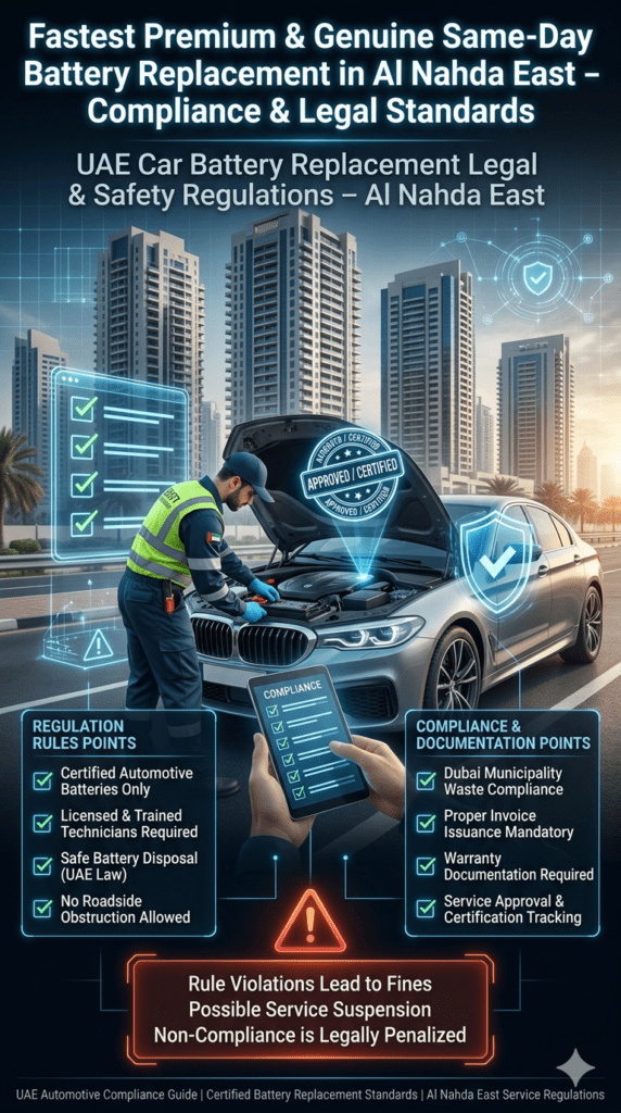 UAE Legal & Safety Standards for Car Battery Replacement in Al Nahda East Futuristic compliance infographic showing legal and safety regulations for car battery replacement in Al Nahda East with technician, certification overlays, and UAE automotive rules.