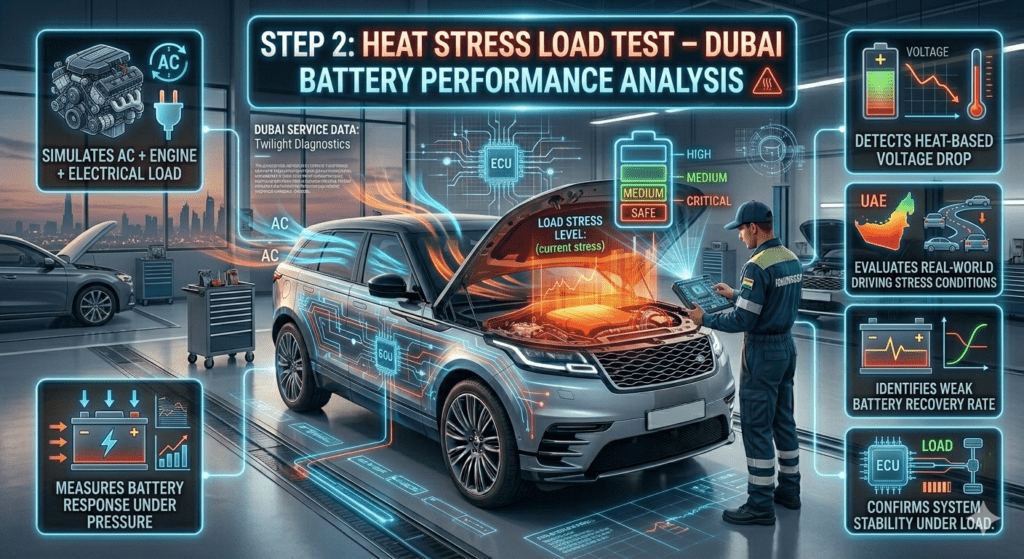 Luxury automotive infographic showing heat stress load test in Dubai workshop, with premium car engine running, AC load simulation, battery connected to testing machine, and AI overlay showing performance under pressure.