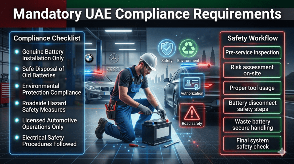 Mandatory UAE Compliance Requirements for Roadside Battery Service Infographic showing mandatory UAE compliance requirements for roadside battery service including genuine installation, safe disposal, environmental compliance, safety procedures, and licensed operations.