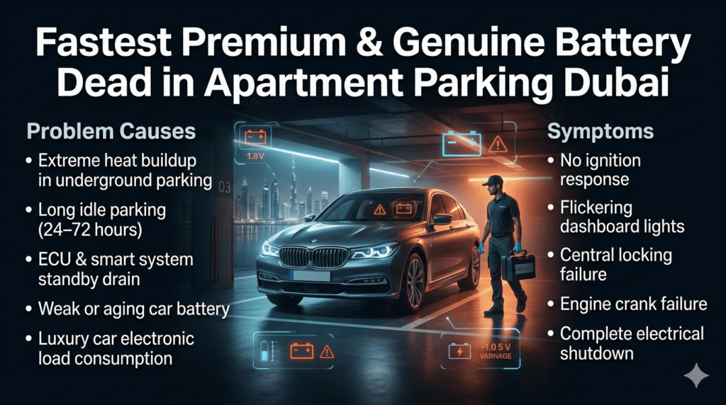 Luxury Dubai apartment parking scene showing car battery failure with no ignition, dashboard warning lights, and mobile technician arriving for emergency battery replacement service.
