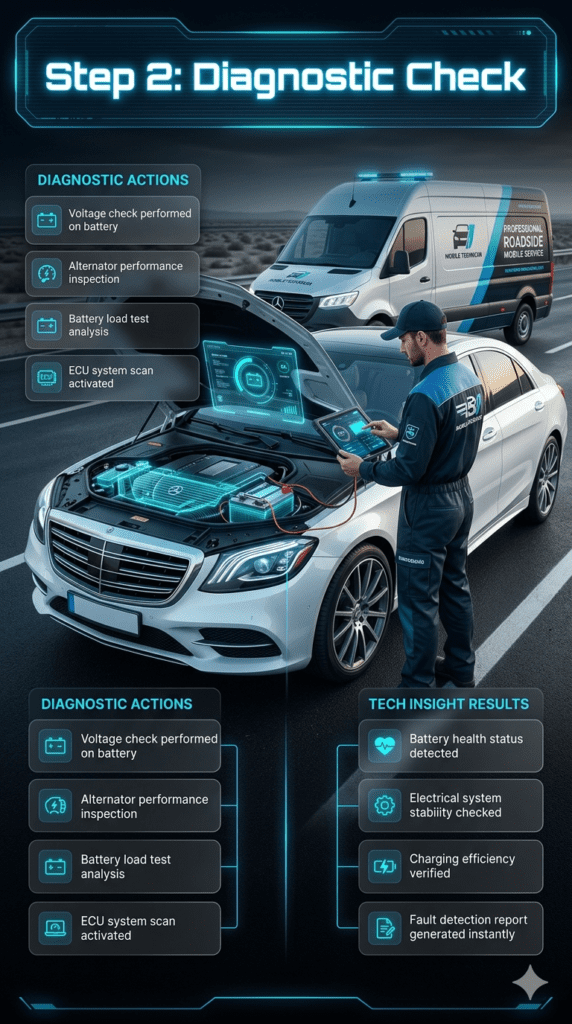 Technician performing on-site car battery diagnostic check in Al Hamriya Dubai using advanced tools to test voltage, alternator, battery load, and ECU scan on a luxury vehicle during roadside service.