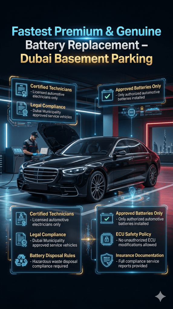 Luxury Dubai basement parking battery replacement service infographic showing premium car with floating compliance rules panels and futuristic UI design elements.