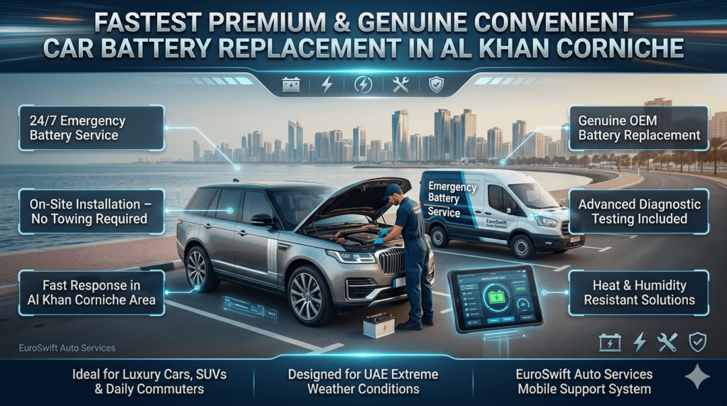 Ultra-premium infographic showing on-site car battery replacement service in Al Khan Corniche with luxury car, technician, mobile service van, and floating informational panels describing emergency battery service benefits.