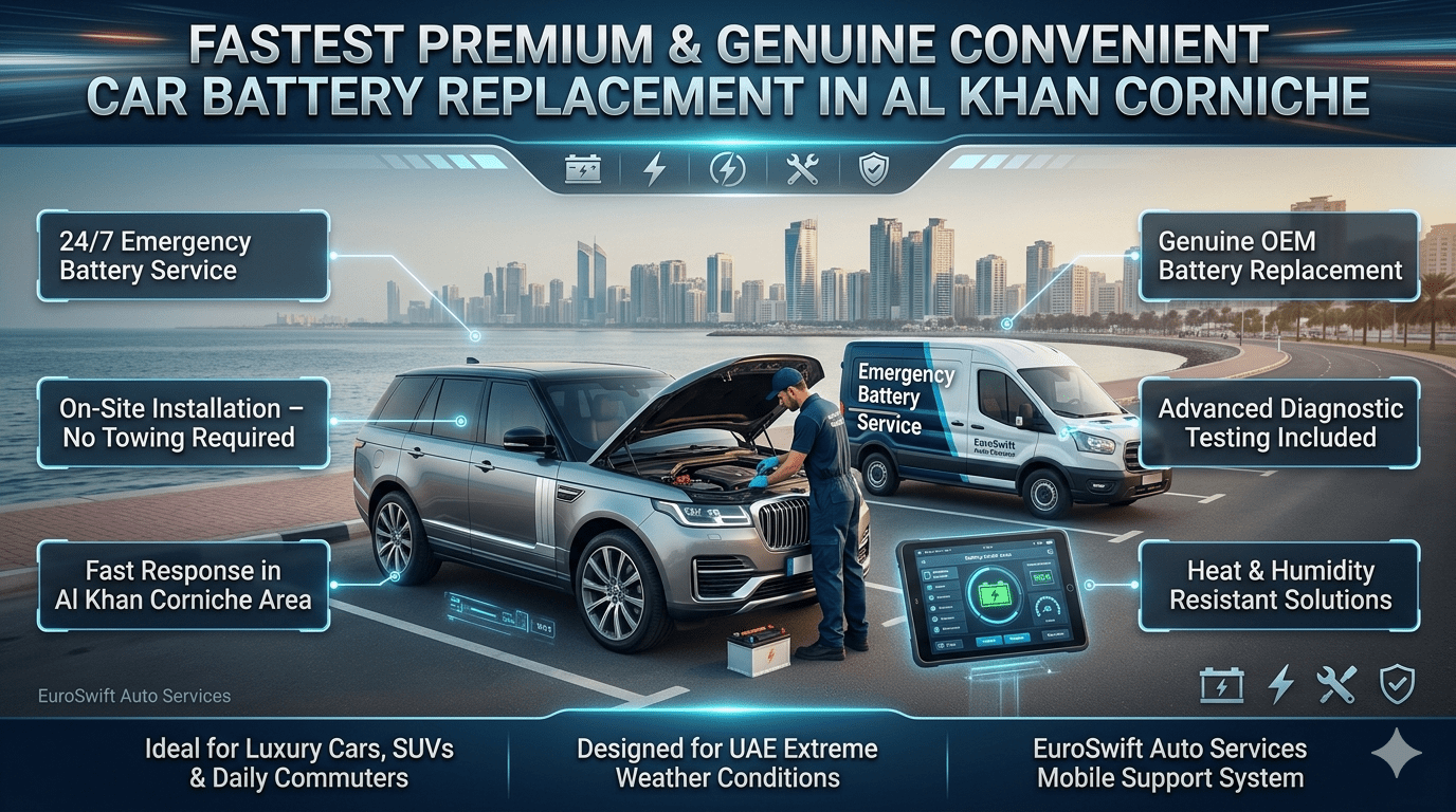 Ultra-premium infographic showing on-site car battery replacement service in Al Khan Corniche with luxury car, technician, mobile service van, and floating informational panels describing emergency battery service benefits.