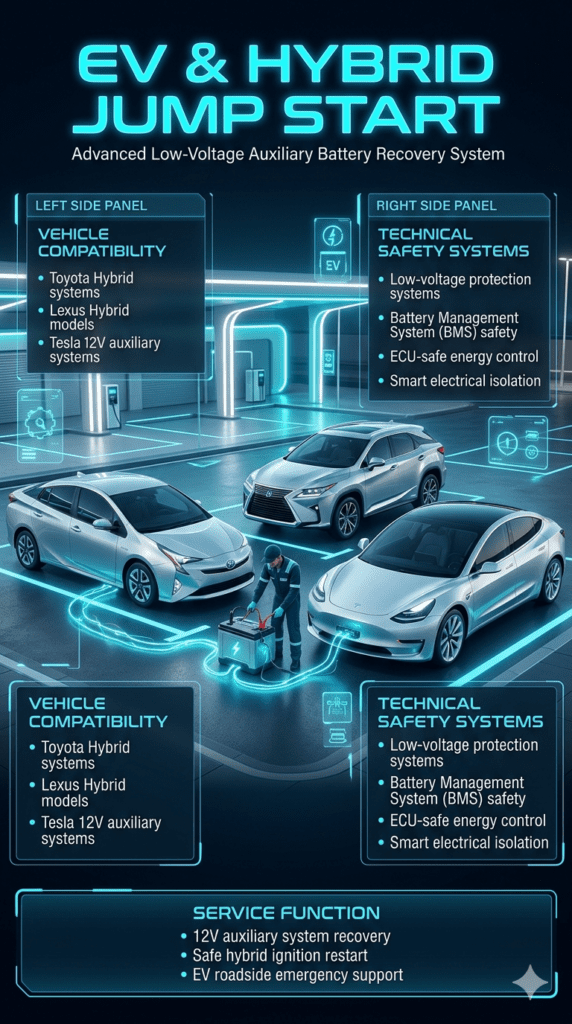 Futuristic automotive infographic showing EV and hybrid jump start service with Toyota Hybrid, Lexus Hybrid, and Tesla vehicles, technician performing safe 12V auxiliary battery recovery, blue neon energy flow, and side panels describing low-voltage protection and hybrid system compatibility.