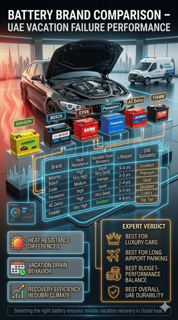 Car battery brand comparison infographic showing Amaron, Bosch, Exide, Panasonic, AC Delco, and FIAMM performance in UAE heat and vacation parking failure scenarios.