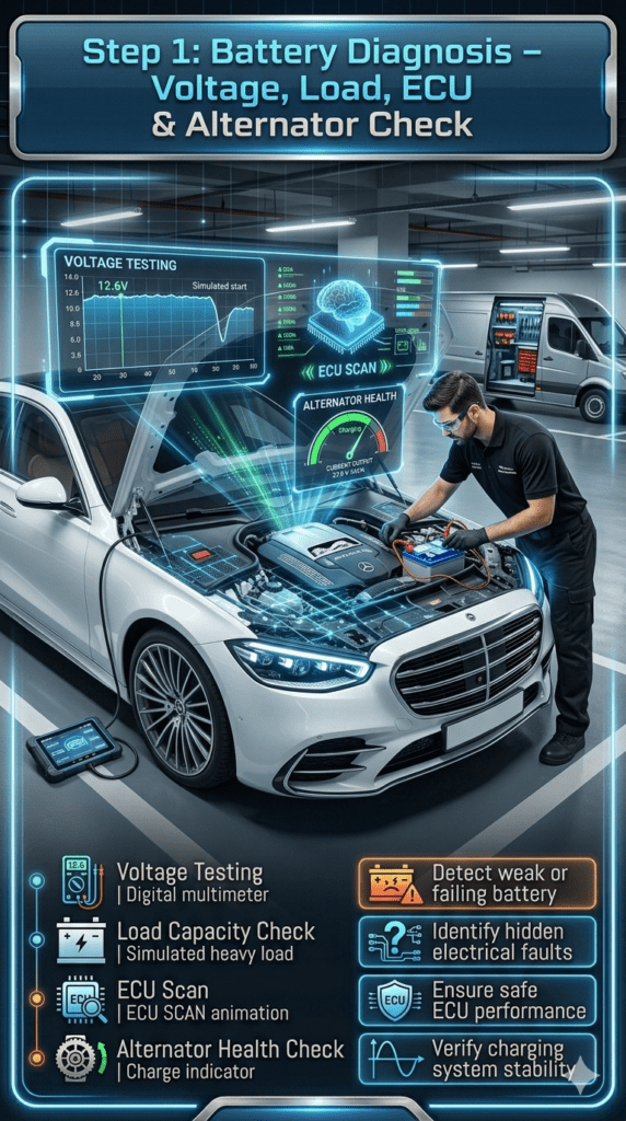 Automotive technician performing battery voltage, load, ECU, and alternator diagnostic checks on a luxury car in UAE service environment.