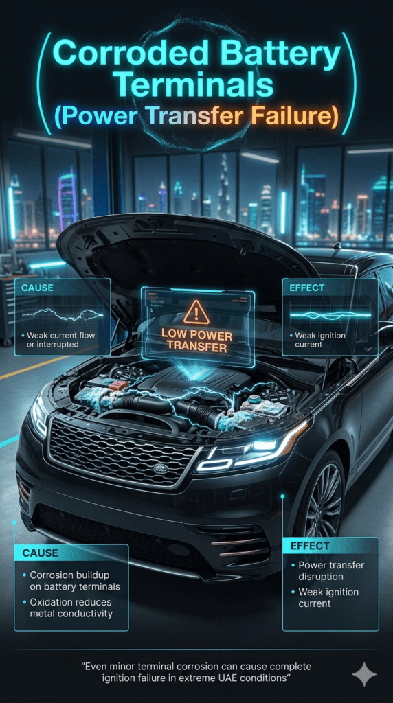 Luxury Dubai automotive infographic showing corroded battery terminals causing power transfer disruption and weak ignition current in a premium vehicle with futuristic HUD diagnostics.