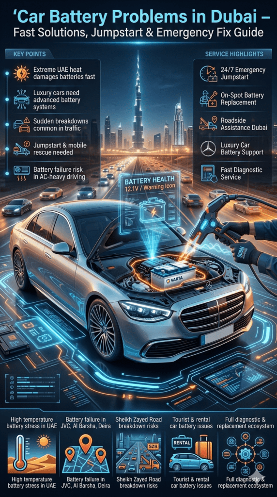 Ultra-realistic infographic showing car battery problems in Dubai with luxury car, jumpstart service, emergency roadside assistance, and UAE heat-related battery failure guide in futuristic automotive design.