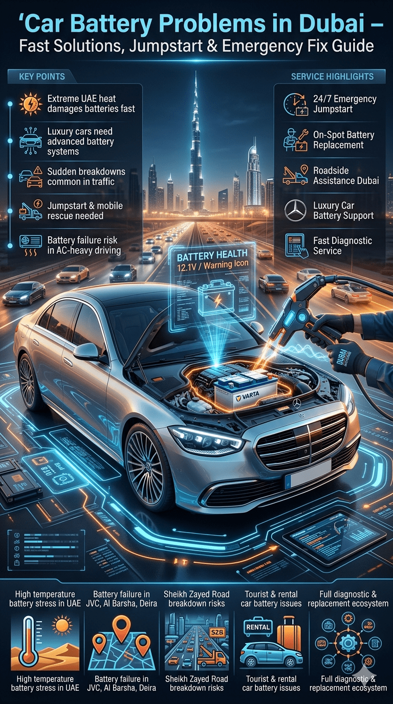Ultra-realistic infographic showing car battery problems in Dubai with luxury car, jumpstart service, emergency roadside assistance, and UAE heat-related battery failure guide in futuristic automotive design.