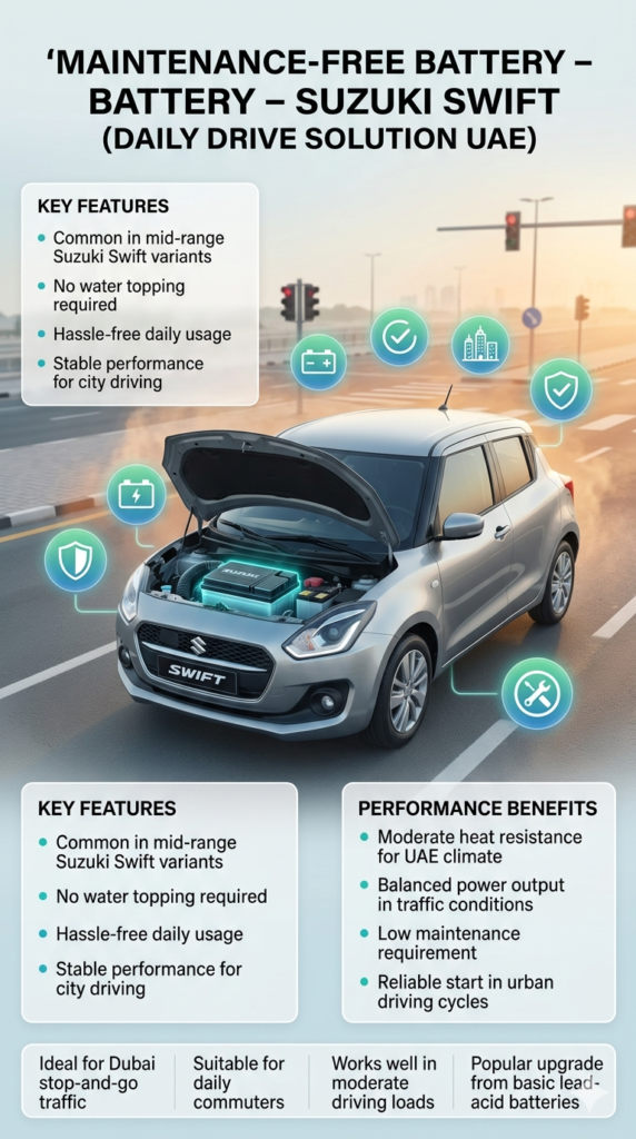 Suzuki Swift maintenance-free battery infographic showing sealed battery technology, moderate heat resistance, no water topping requirement, and balanced city driving performance in UAE Dubai conditions.
