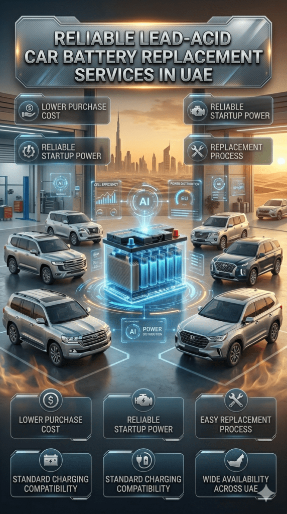 Reliable Lead-Acid Car Battery Replacement Services in UAE Premium automotive infographic showing a lead-acid car battery with Toyota, Nissan, Hyundai, Kia, Mitsubishi, and Honda vehicles, featuring affordable battery replacement benefits, startup power visuals, charging compatibility graphics, and UAE heat impact warnings in a futuristic automotive design.