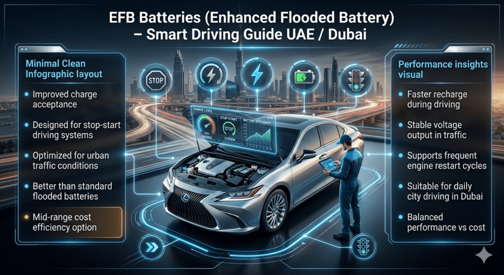 EFB battery infographic showing stop-start system car technology in Dubai with Lexus ES style vehicle, improved charge acceptance, and mid-range cost automotive guide design