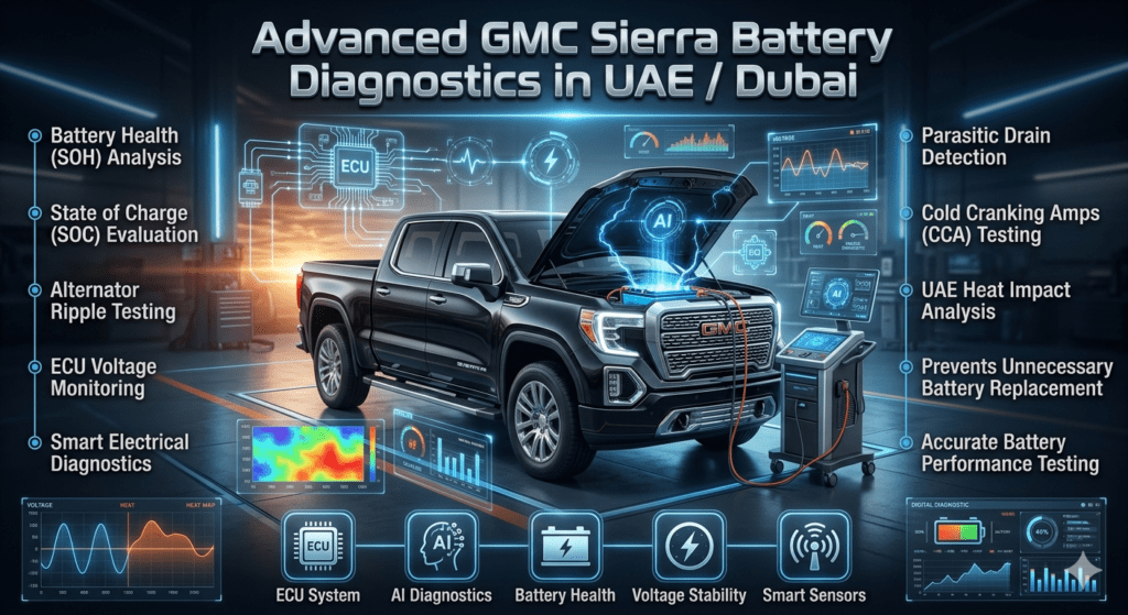Luxury GMC Sierra diagnostic infographic in Dubai showing advanced battery health testing, ECU monitoring, SOC evaluation, alternator testing, and smart automotive diagnostics.
