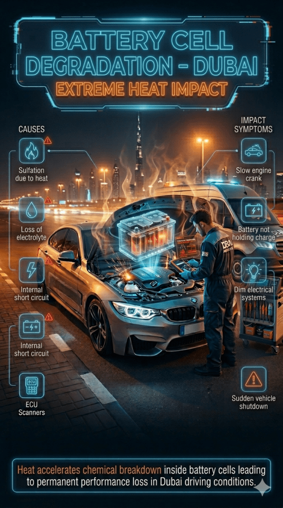 Battery cell degradation diagnostic scene in Dubai showing luxury car battery cutaway with sulfation, electrolyte loss, and internal short circuit damage highlighted under extreme heat roadside inspection.