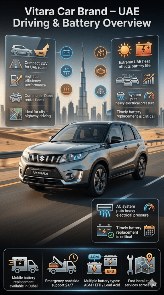 Infographic showing Suzuki Vitara SUV in a Dubai city and desert environment with labeled sections explaining UAE driving conditions, battery replacement importance, and key vehicle features such as fuel efficiency, heat impact, and maintenance needs.
