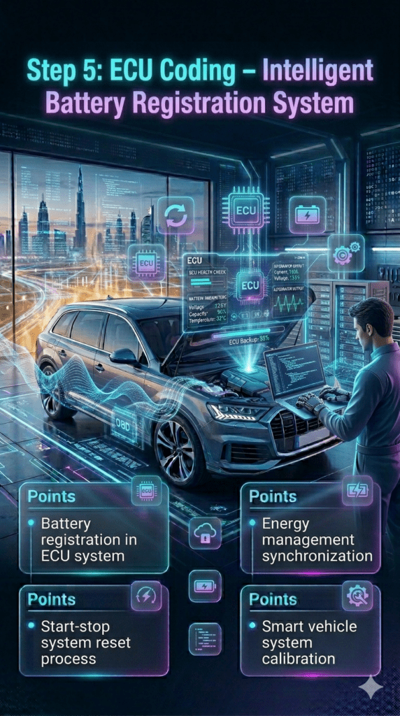 Premium infographic showing Step 5 ECU Coding for Audi Q7 battery replacement in UAE, including battery registration, start-stop reset, and energy management synchronization.