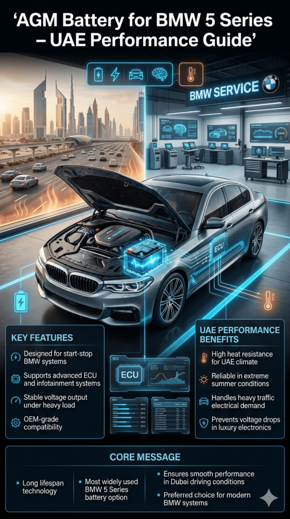 Infographic showing BMW 5 Series sedan with AGM battery highlighted, explaining start-stop system compatibility, ECU support, high heat resistance, and stable voltage performance in UAE conditions.