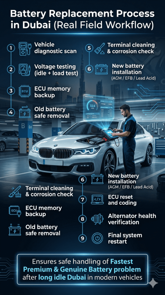 Step-by-step infographic showing car battery replacement process in Dubai including diagnostics, ECU backup, installation, and system reset in a luxury vehicle workshop environment.