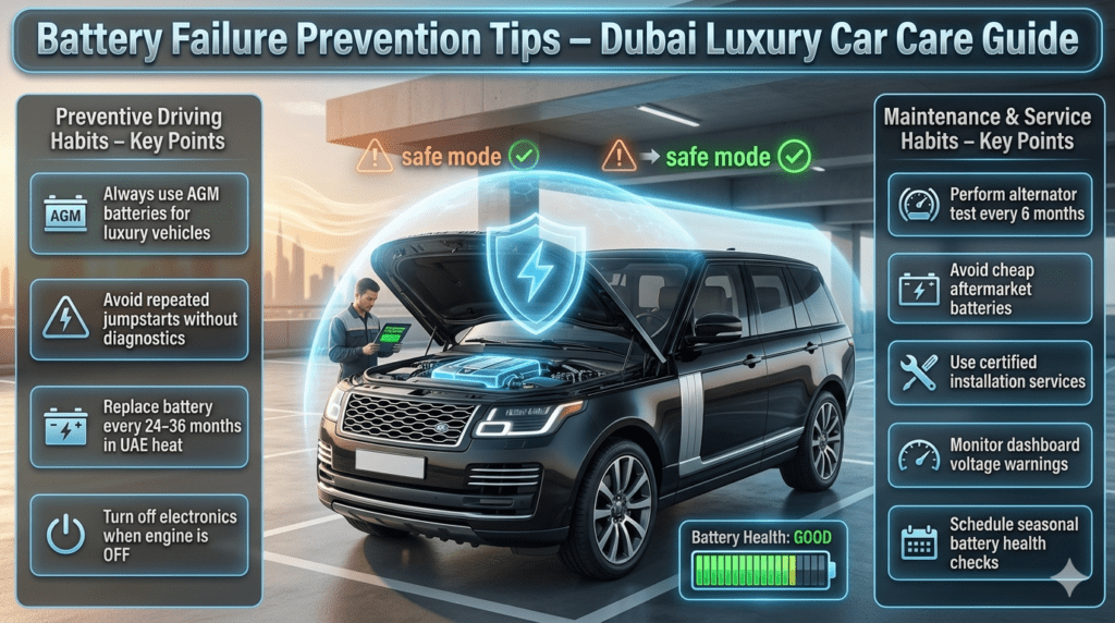 Car battery maintenance prevention tips in Dubai showing AGM battery usage, diagnostics, alternator testing, and heat protection for luxury vehicles.