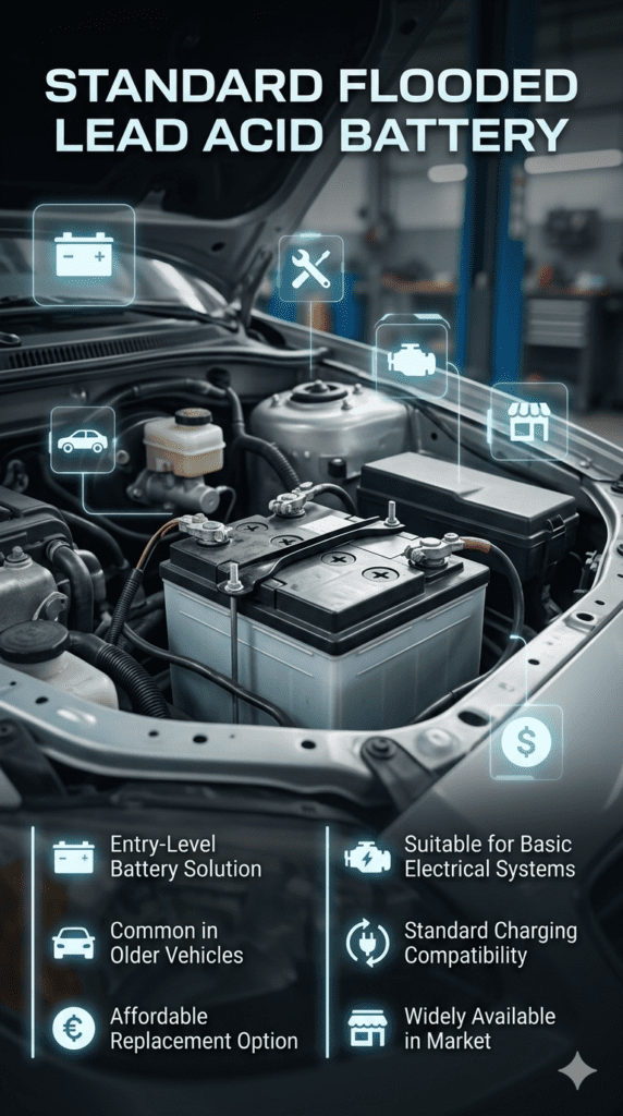 Infographic showing standard flooded lead acid car battery installed in older vehicle engine bay with simple features listed on sides in clean technical layout.